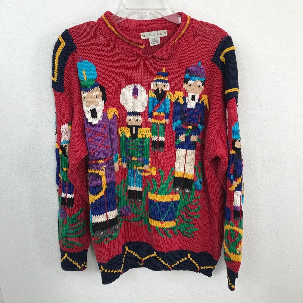 Bordado Nutcracker Holiday Ugly Christmas Sweater Sz Medium Red/Green Cotton